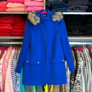 Talbots royal blue sweater sleeved detachable faux fur hooded coat size XS